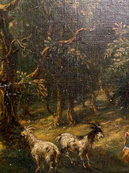 Oil painting by Oleg Litvinov: two goats with white and gray wool in dark forest