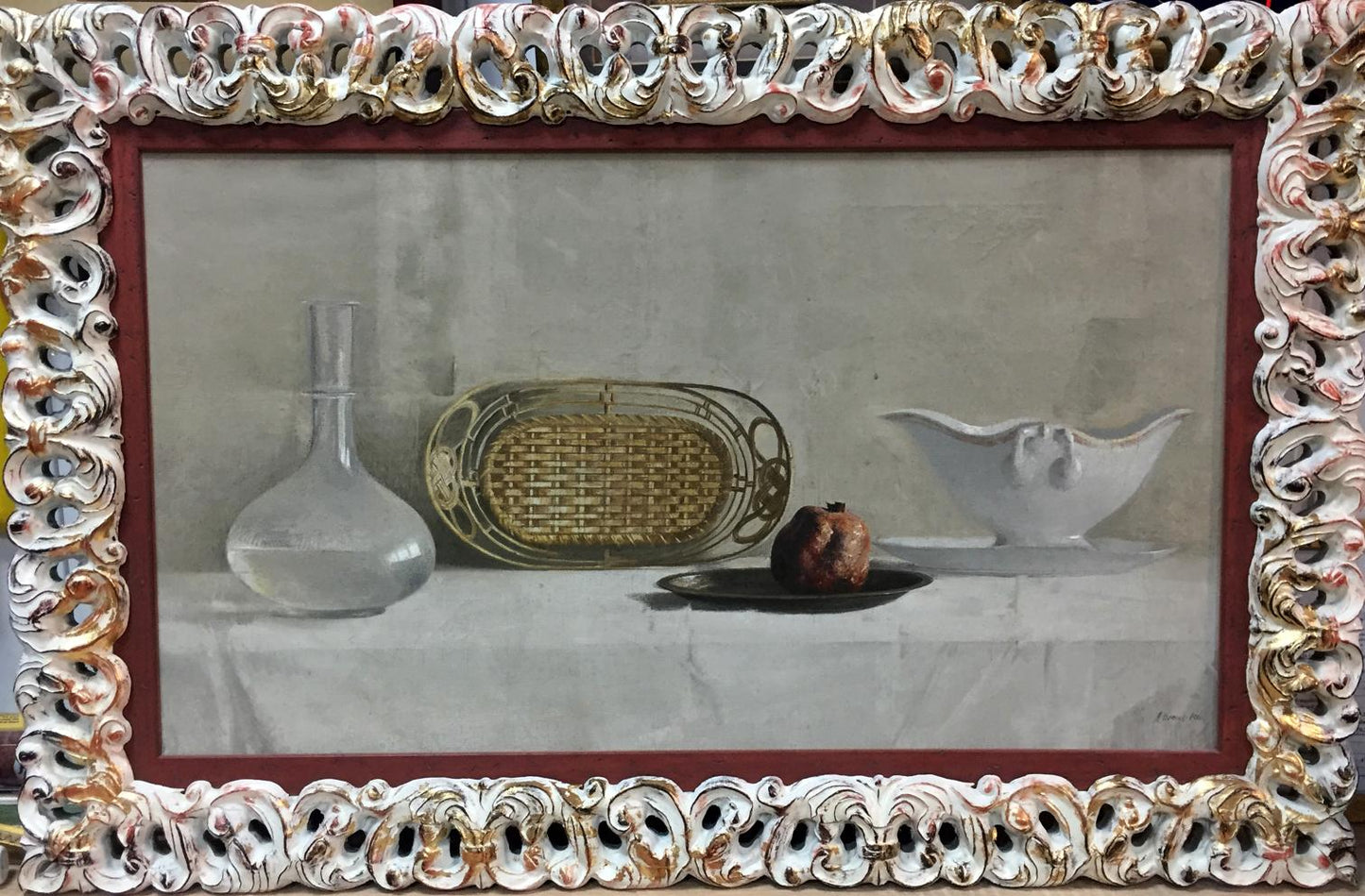 Ornate baroque silver gold frame for Alexey Vlasov pomegranate still life oil painting