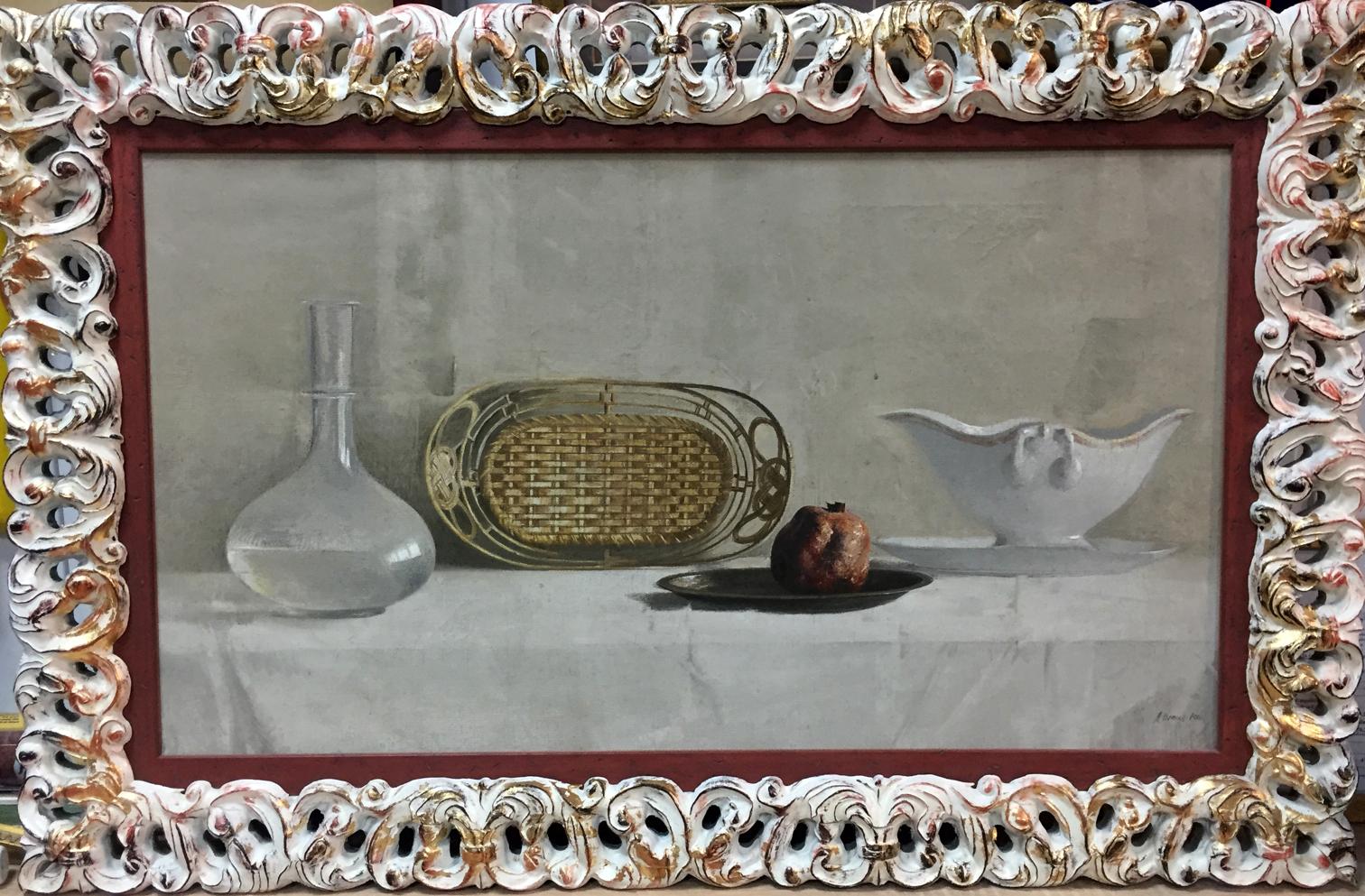 Ornate baroque silver gold frame for Alexey Vlasov pomegranate still life oil painting