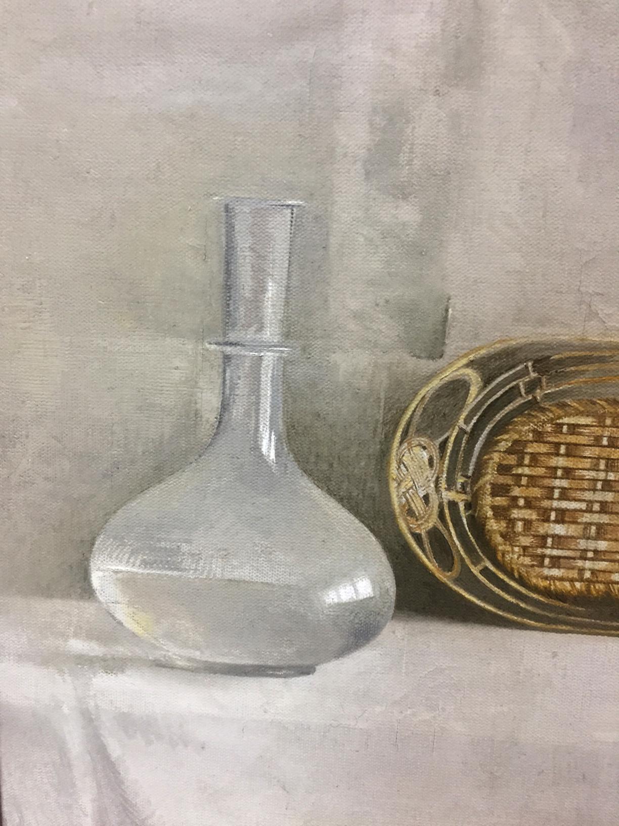 Clear glass decanter in Alexey Vlasov oil painting still life with pomegranate