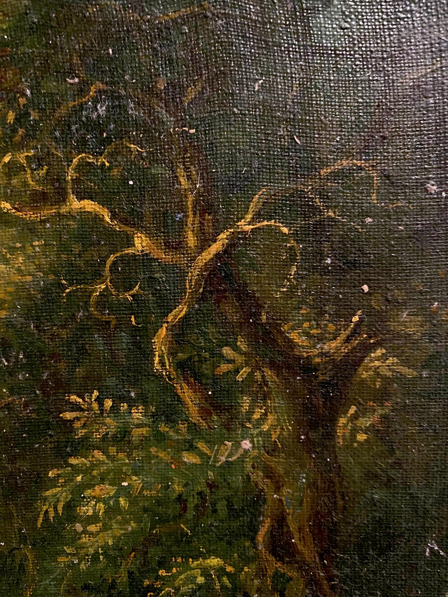 Oil painting Hot day in the forest by Oleg Litvinov, gnarled golden tree trunk