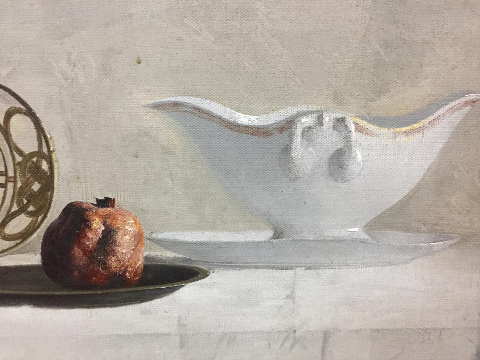 White ceramic gravy boat with gold trim, two handles, Alexey Vlasov still life