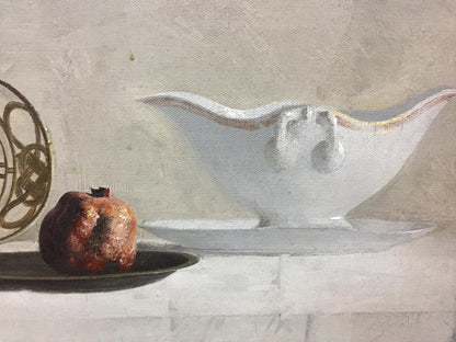 White ceramic gravy boat with gold trim, two handles, Alexey Vlasov still life