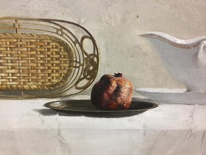 Oil painting of ripe red pomegranate on dark plate by Alexey Vlasov