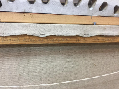 Back of 1957 oil painting by Alexei Vlasov, signed in Cyrillic on stretcher