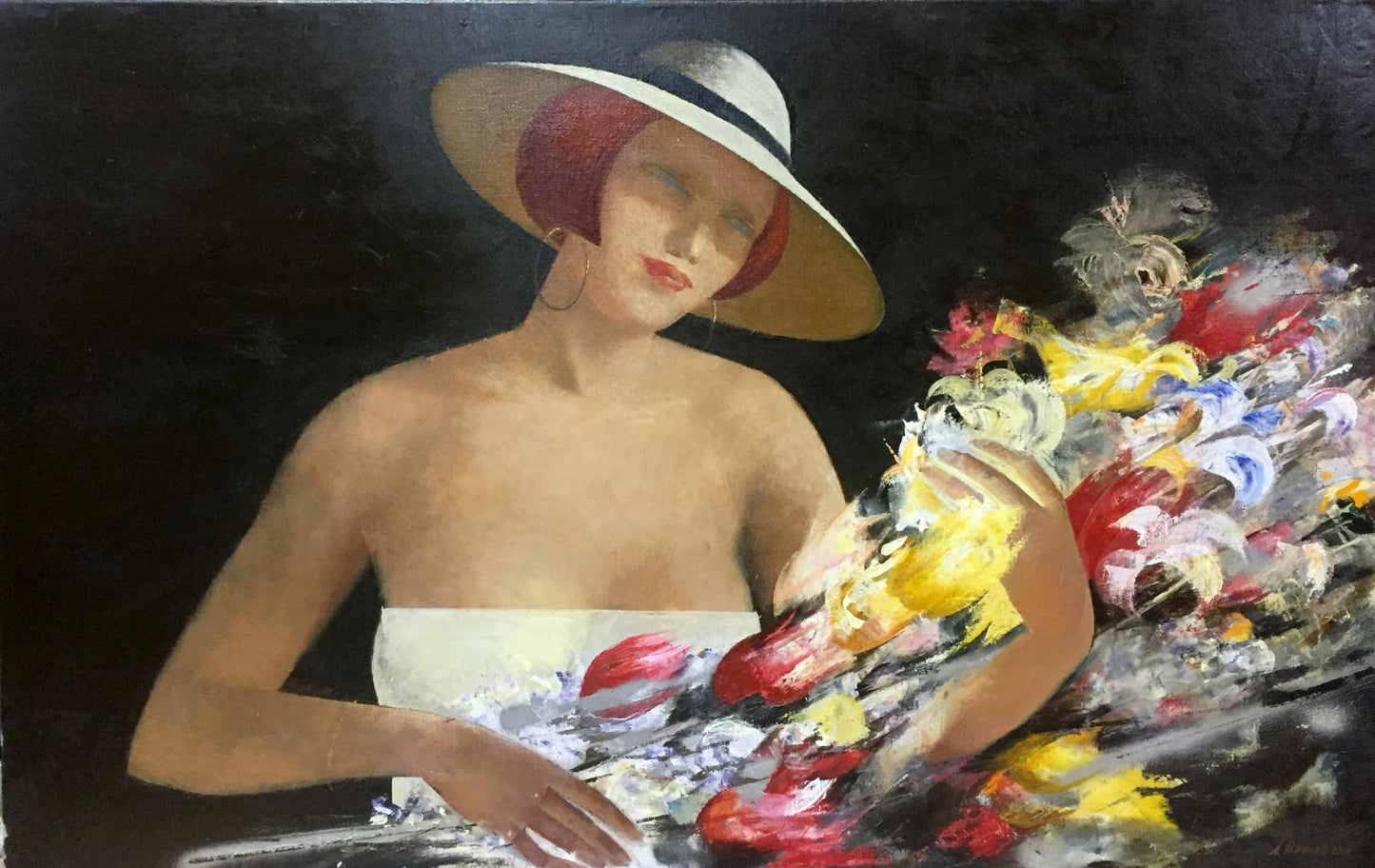 Oil painting by Alexey Fedorovich Vlasov: woman in straw hat holding colorful flowers