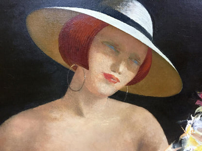 Oil painting of wide-brimmed straw hat with black band by Alexey Fedorovich Vlasov