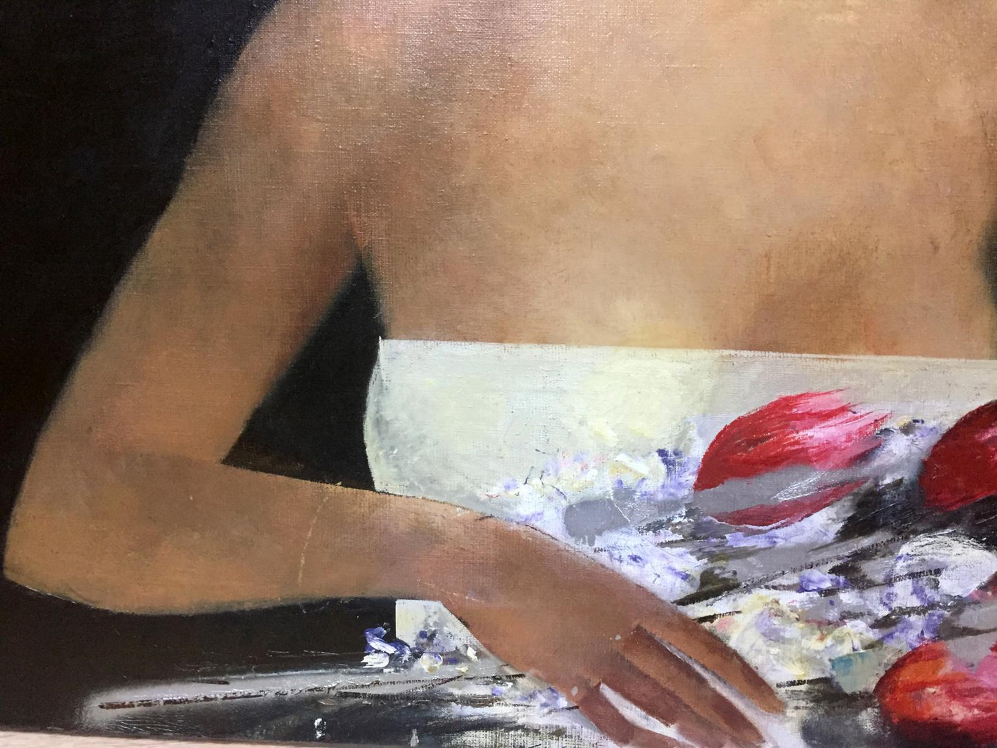 Oil painting Summer by Alexey Fedorovich Vlasov: woman in white floral dress