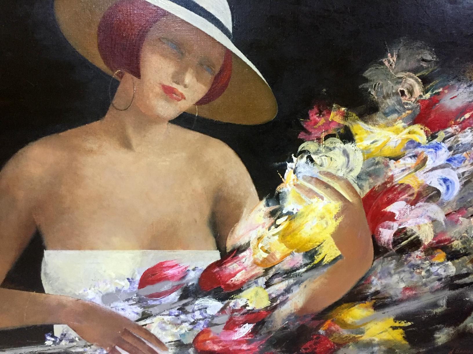 Oil painting by Alexey Fedorovich Vlasov: woman in straw hat, red lipstick