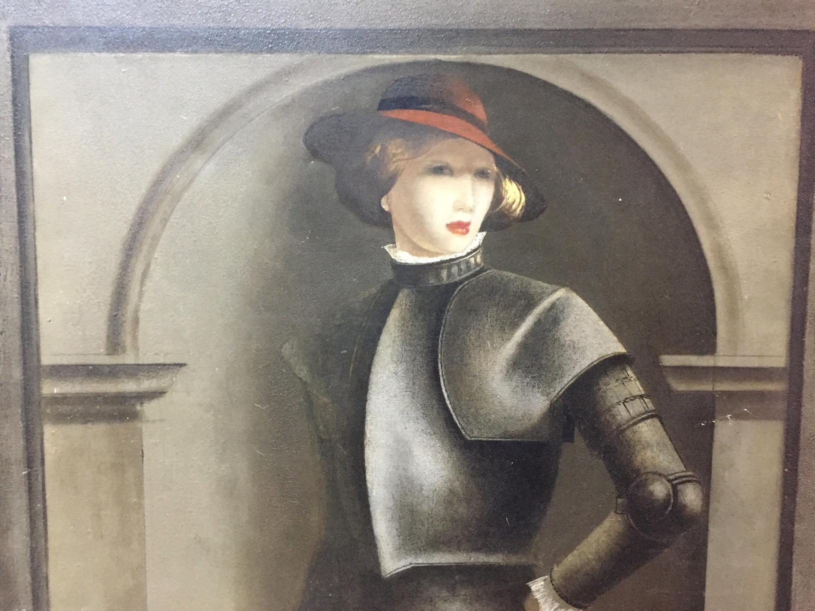 Oil painting portrait of woman in dark armor and red-trimmed hat by Alexey Fedorovich Vlasov