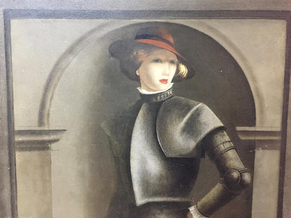 Oil painting portrait of woman in dark armor and red-trimmed hat by Alexey Fedorovich Vlasov