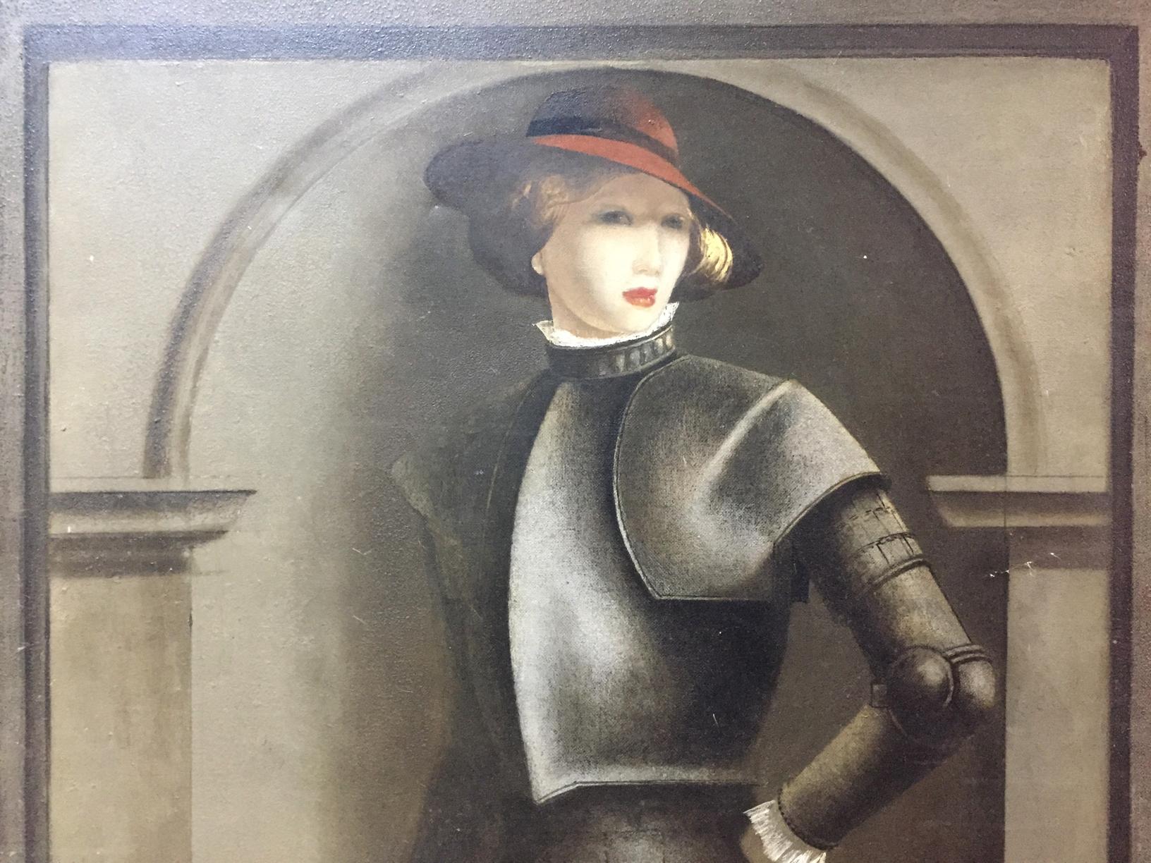 Oil painting portrait by Alexey Fedorovich Vlasov of woman in dark armor and red hat