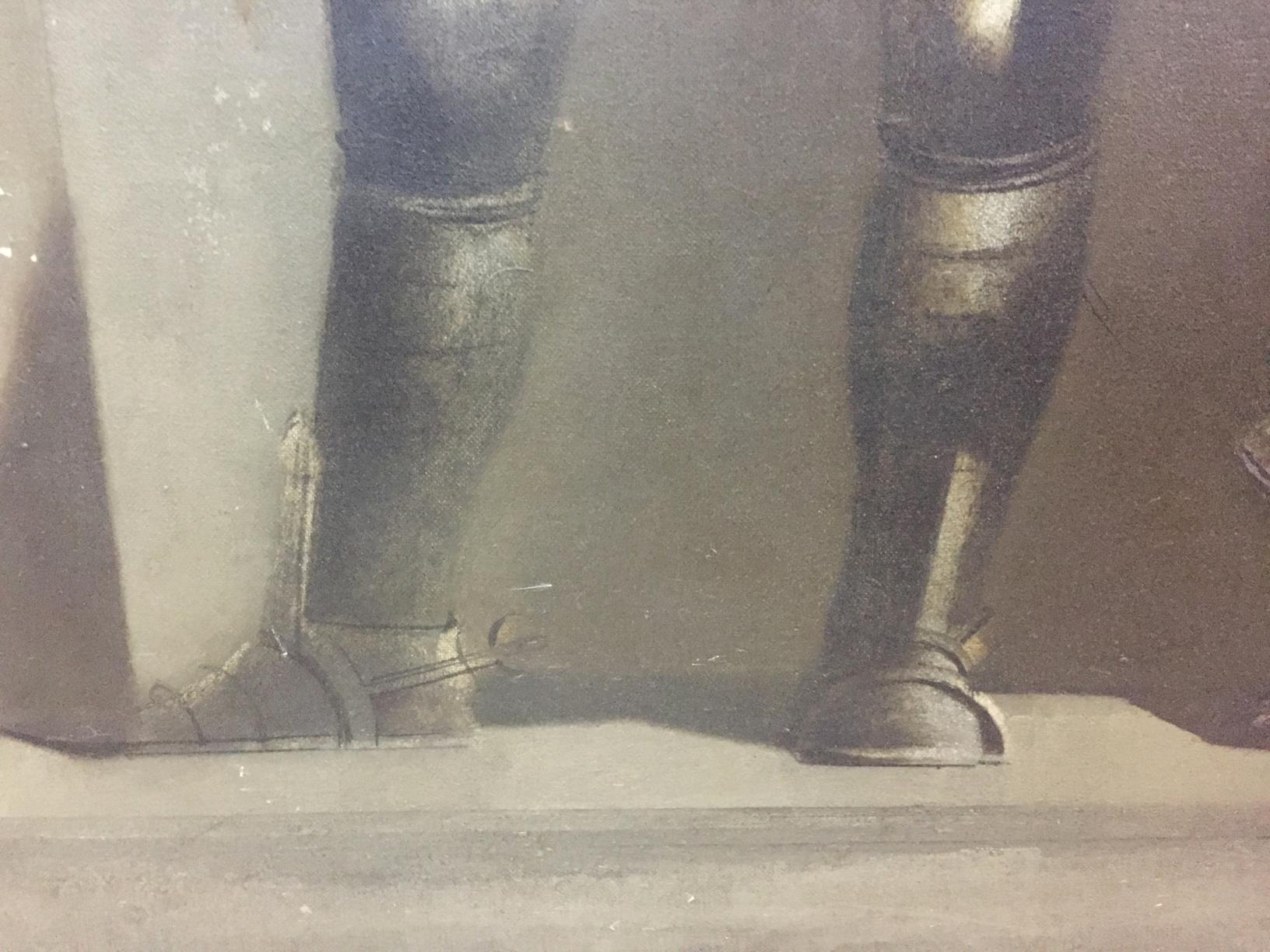 Dark metallic medieval greaves and sabatons in Vlasov oil painting portrait