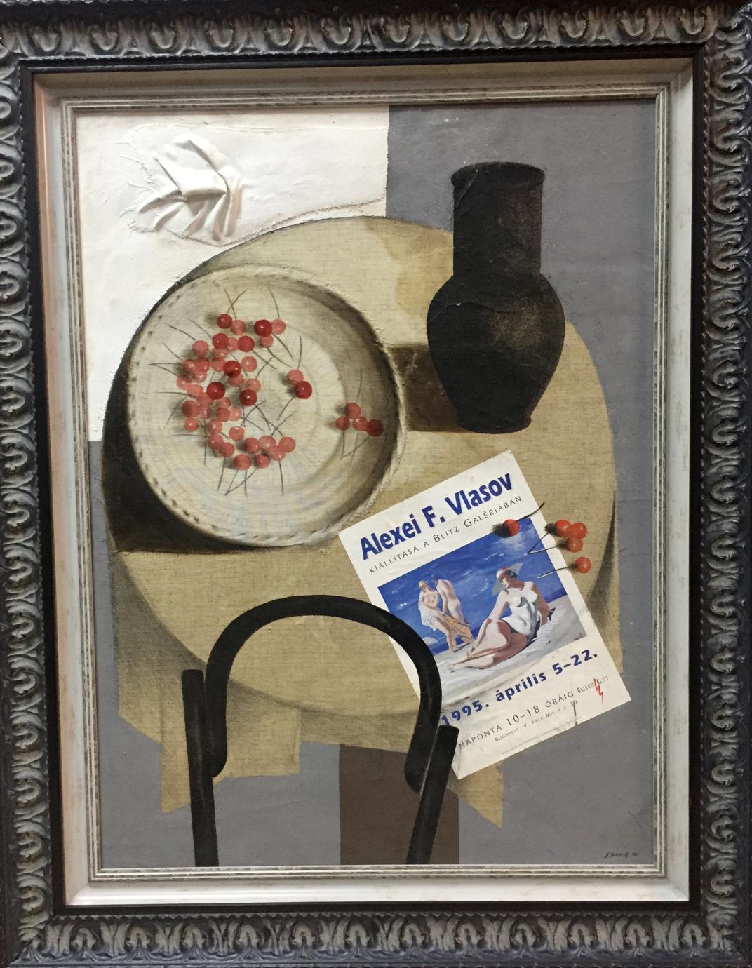 Oil painting Sweet cherry by Alexey Fedorovich Vlasov with dark vase and red berries