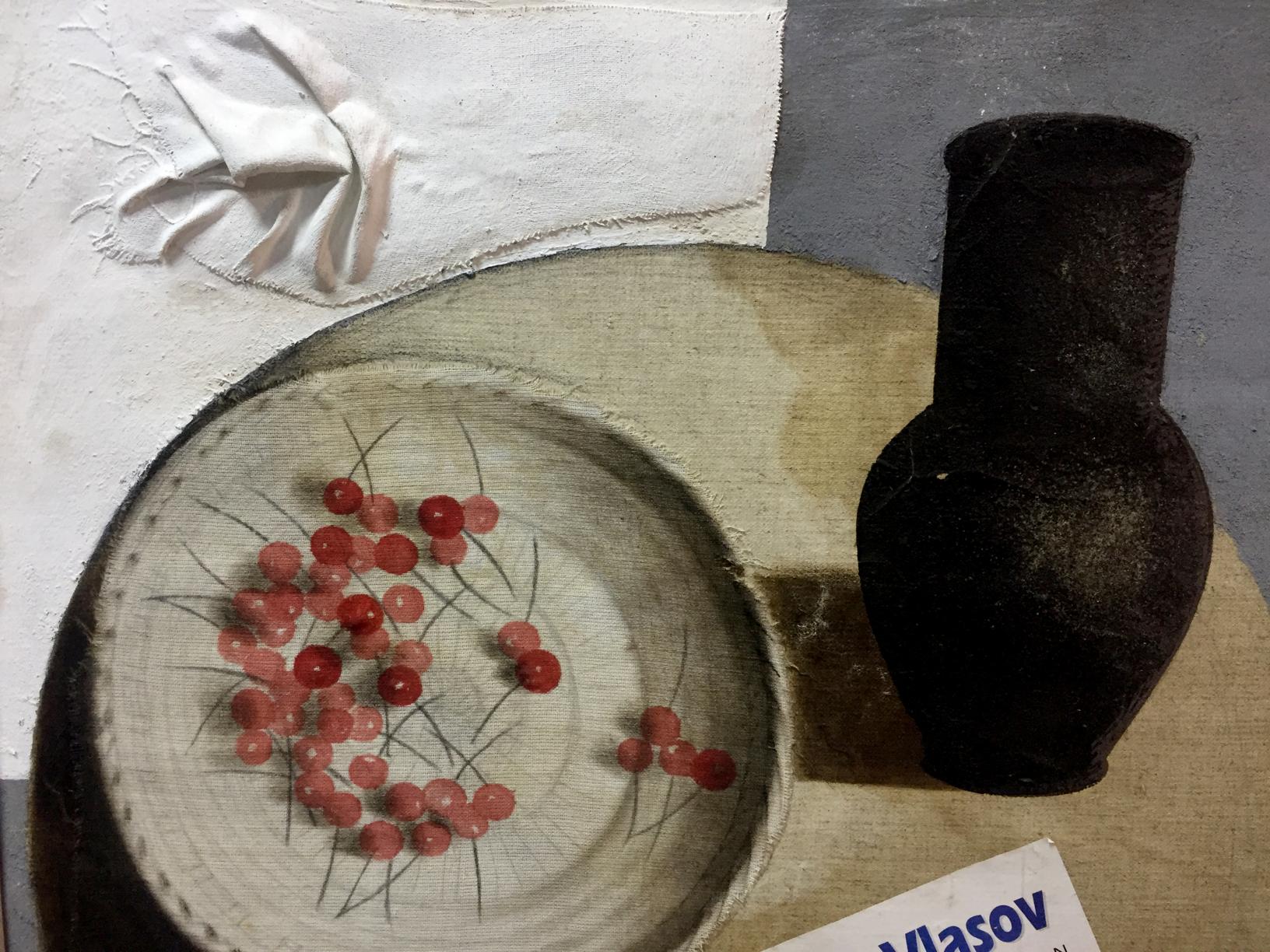 Dark brown textured ceramic vase in Vlasov Sweet cherry oil painting style