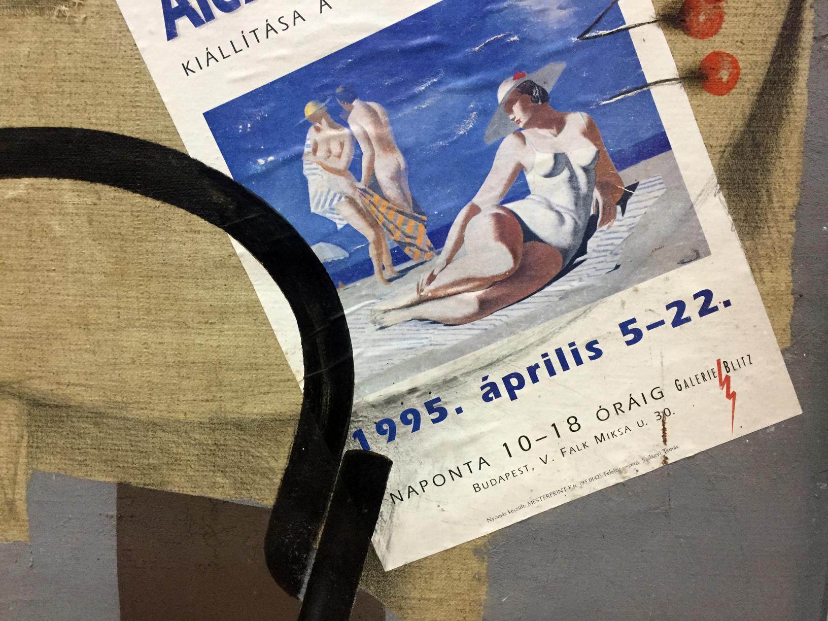 Vintage Hungarian poster for 1995 Budapest art exhibition with beachgoers