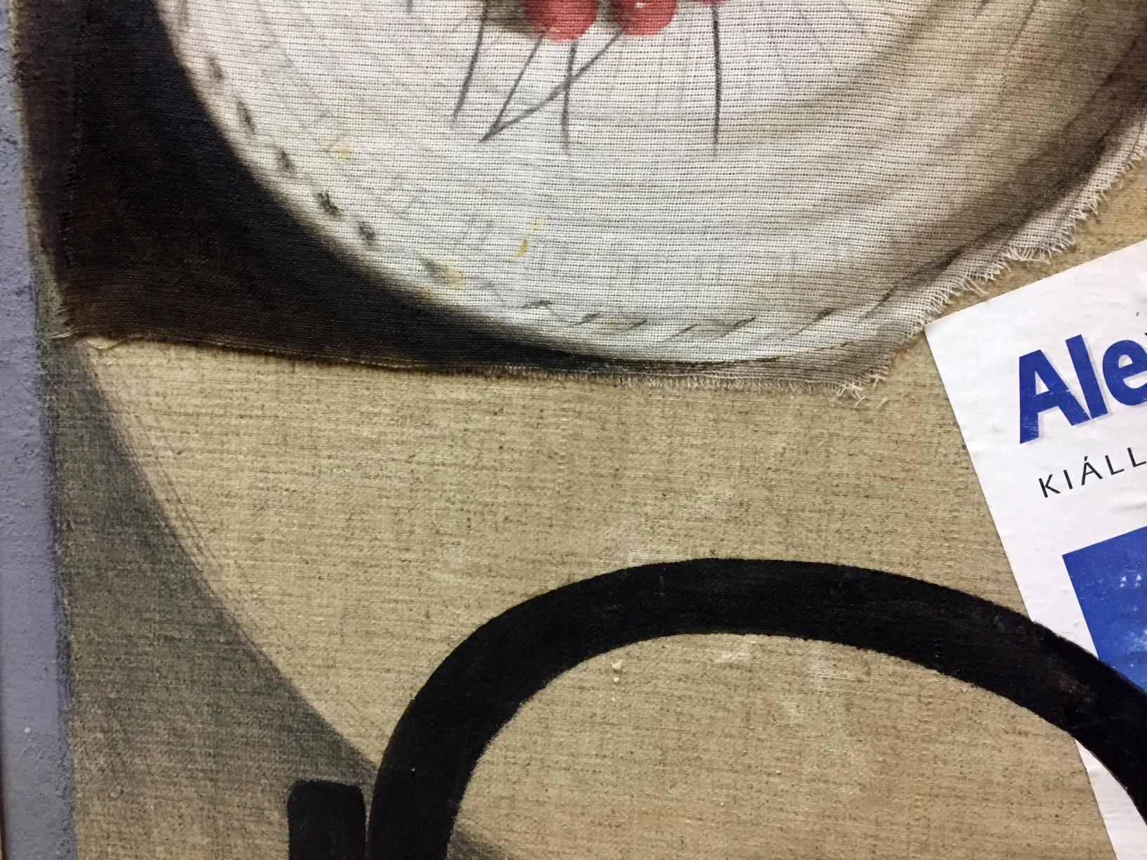 Back of Oil painting Sweet cherry Alexey Fedorovich Vlasov: textured off-white fabric circle with stitched edge and red beads
