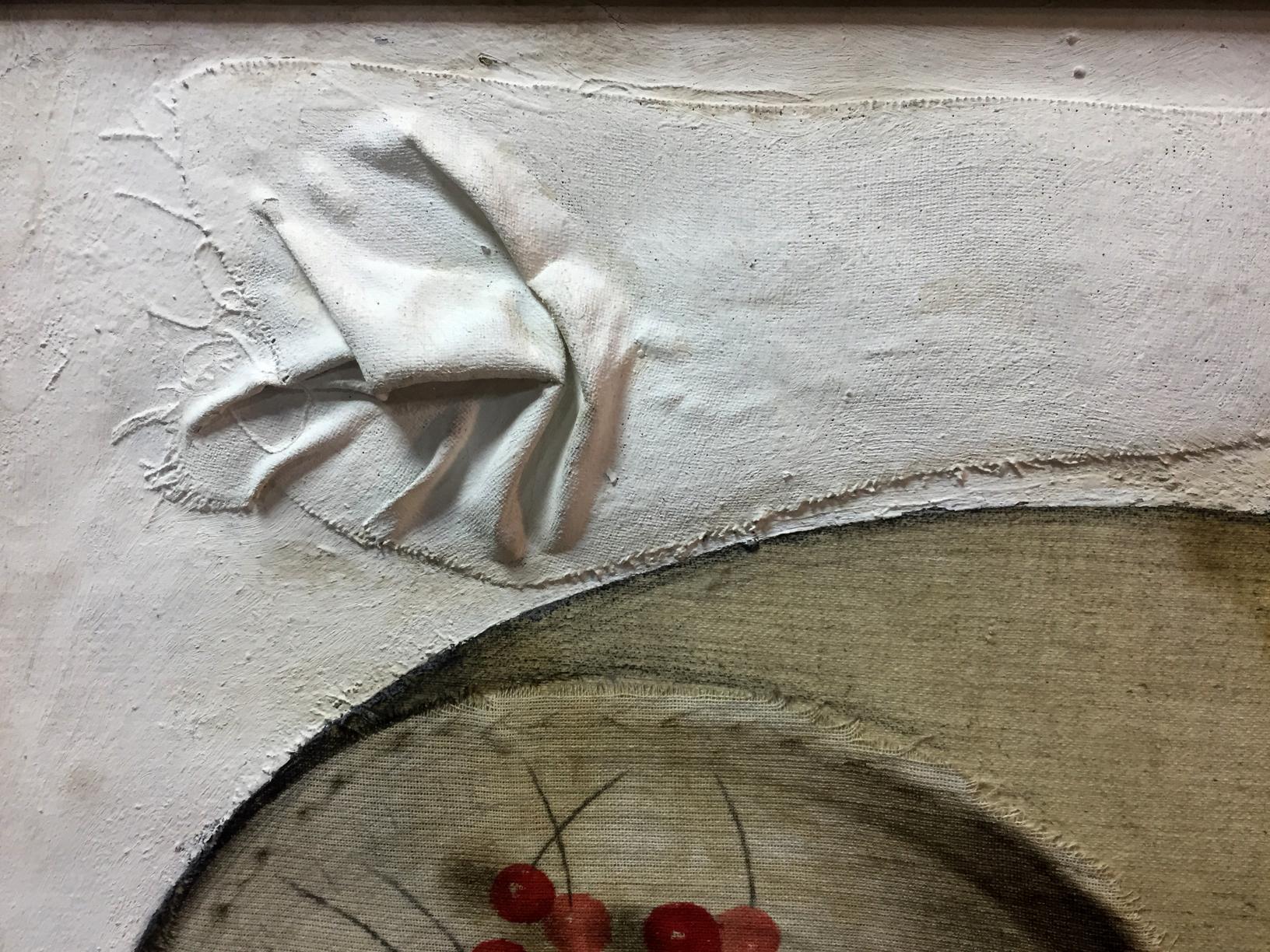 Textured off-white handprint fabric in Vlasov Sweet cherry oil painting