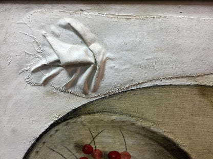 Textured off-white handprint fabric in Vlasov Sweet cherry oil painting