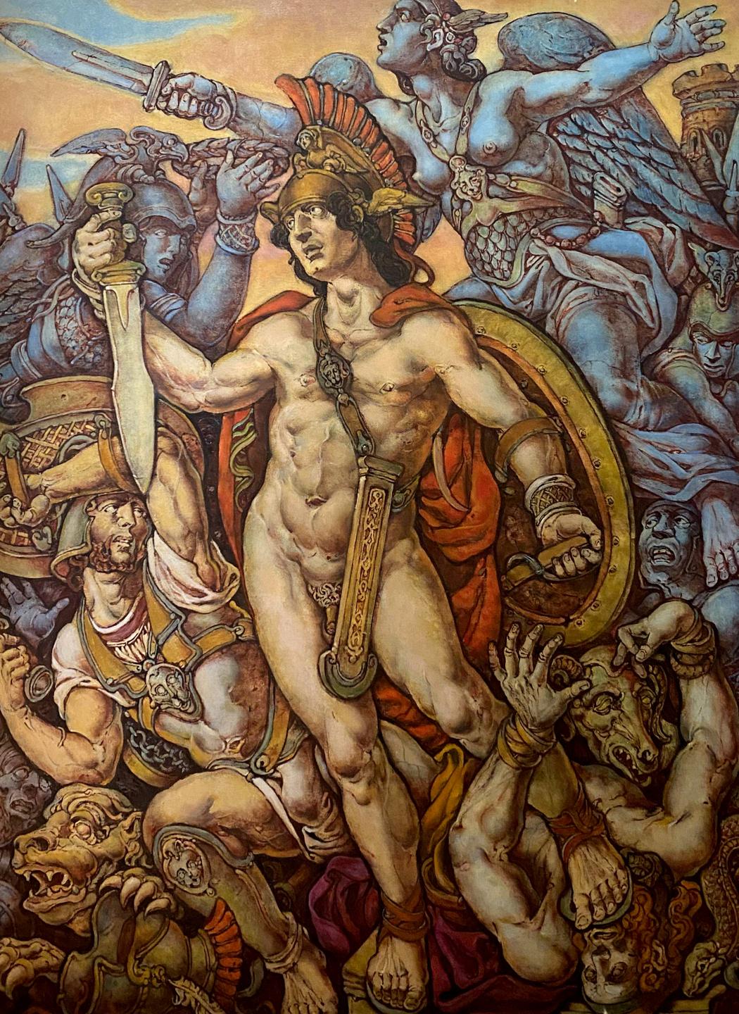 Oil painting of muscular warrior in red cape and golden helmet in Troy before battle by Oleg Litvinov