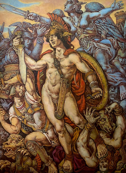 Oil painting of muscular warrior in red cape and golden helmet in Troy before battle by Oleg Litvinov