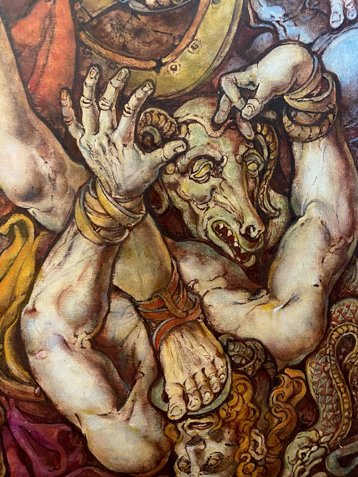 Oil painting of muscular Troy gripping ram head before battle by Oleg Litvinov