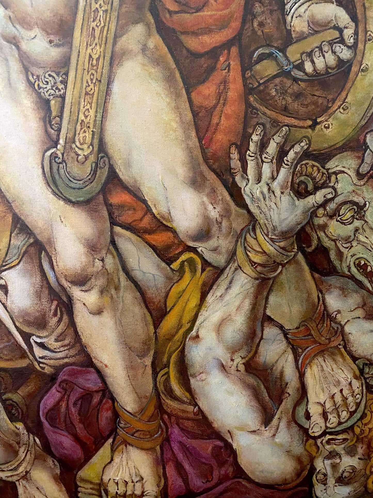 Oil painting of Troy before battle by Oleg Litvinov, muscular limbs in armor