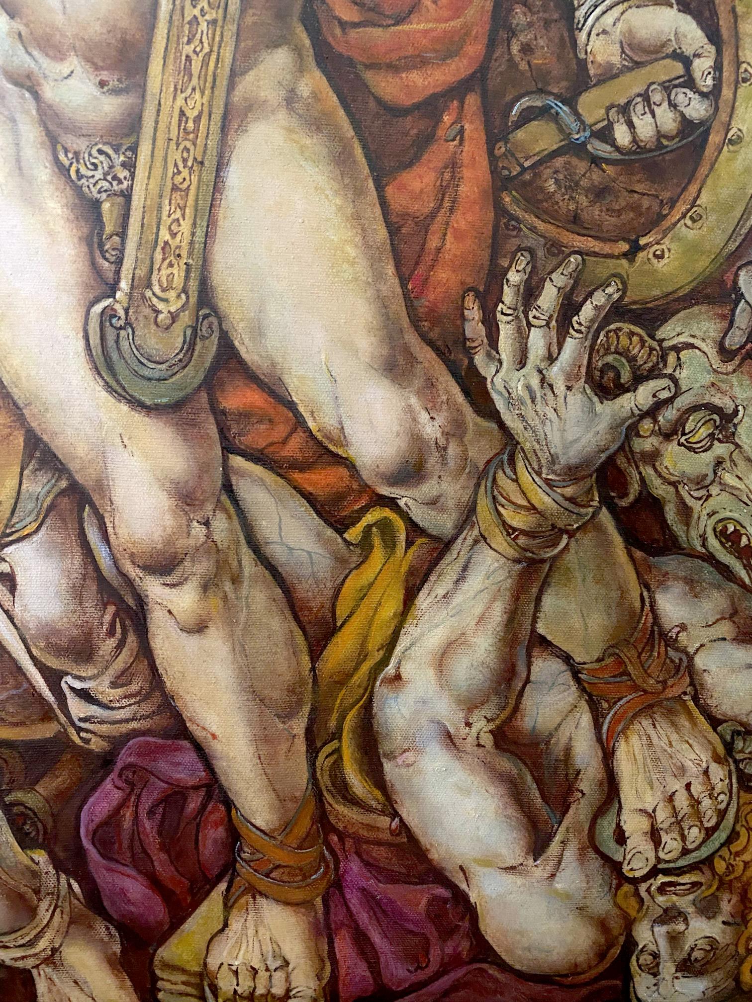 Oil painting of Troy before battle by Oleg Litvinov, muscular limbs in armor