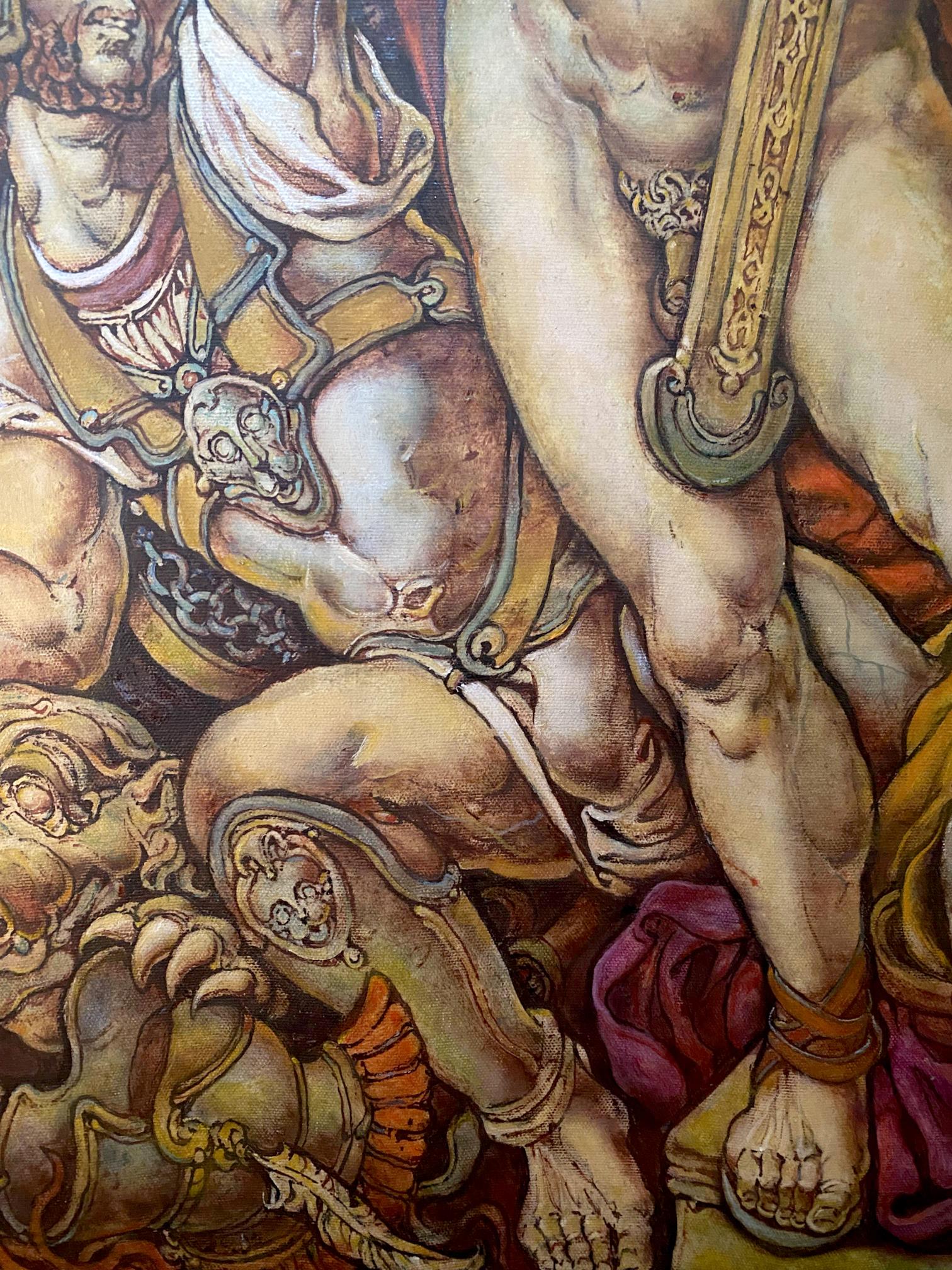 Oil painting of Troy before battle by Oleg Litvinov, muscular armored figures