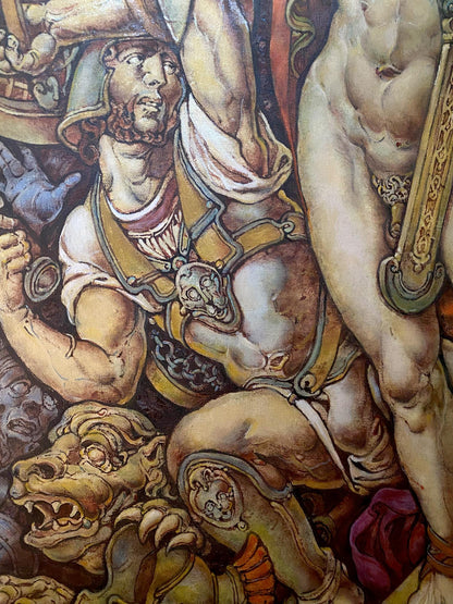 Muscular warrior in golden skull armor, Troy before battle oil painting by Oleg Litvinov