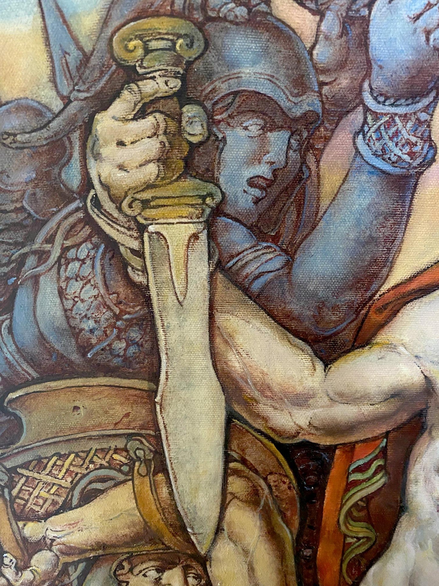 Oil painting of Troy before battle by Oleg Litvinov: warrior in blue armor with golden sword