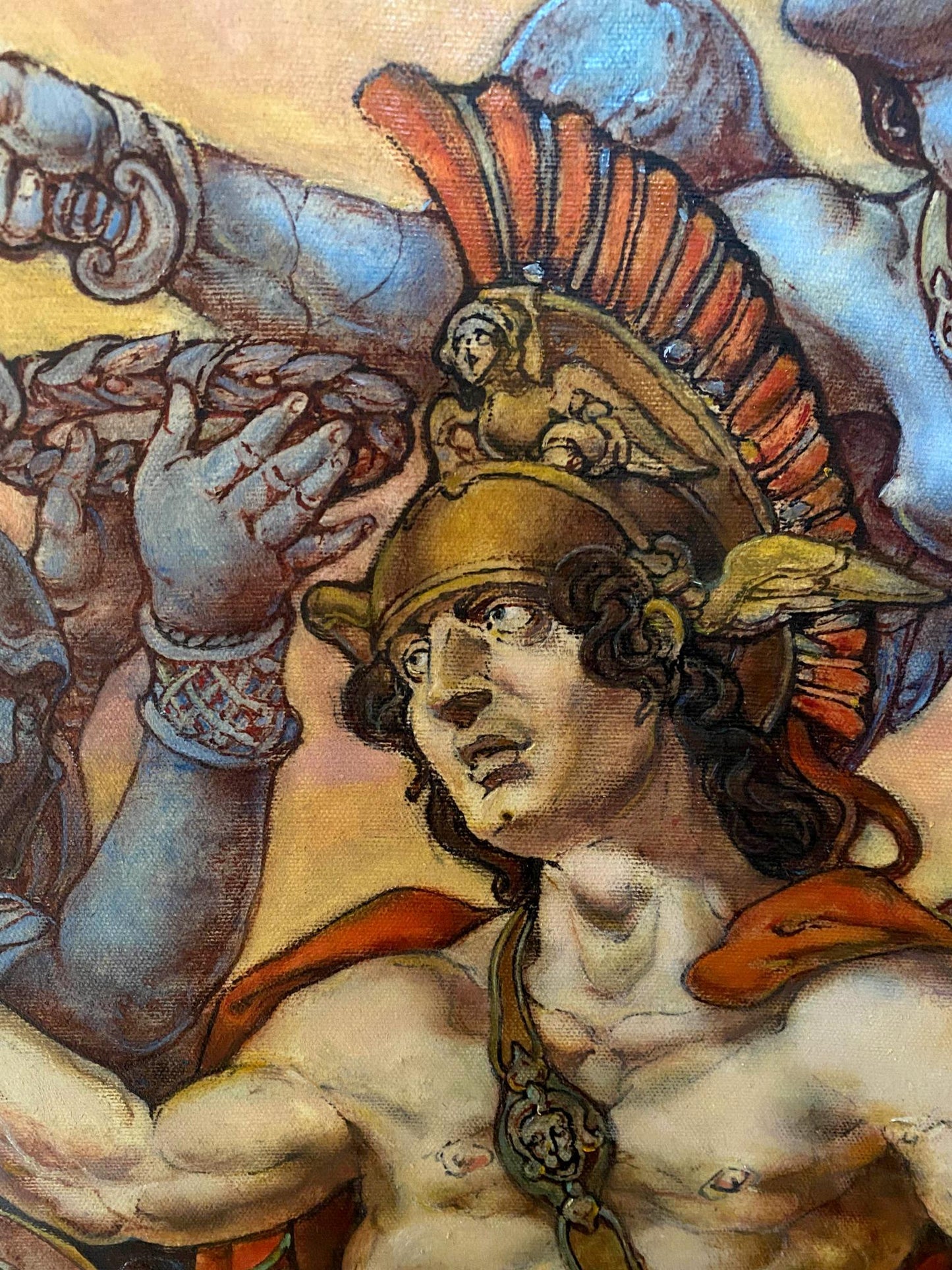Oil painting of muscular warrior in golden armor, Troy before battle by Oleg Litvinov