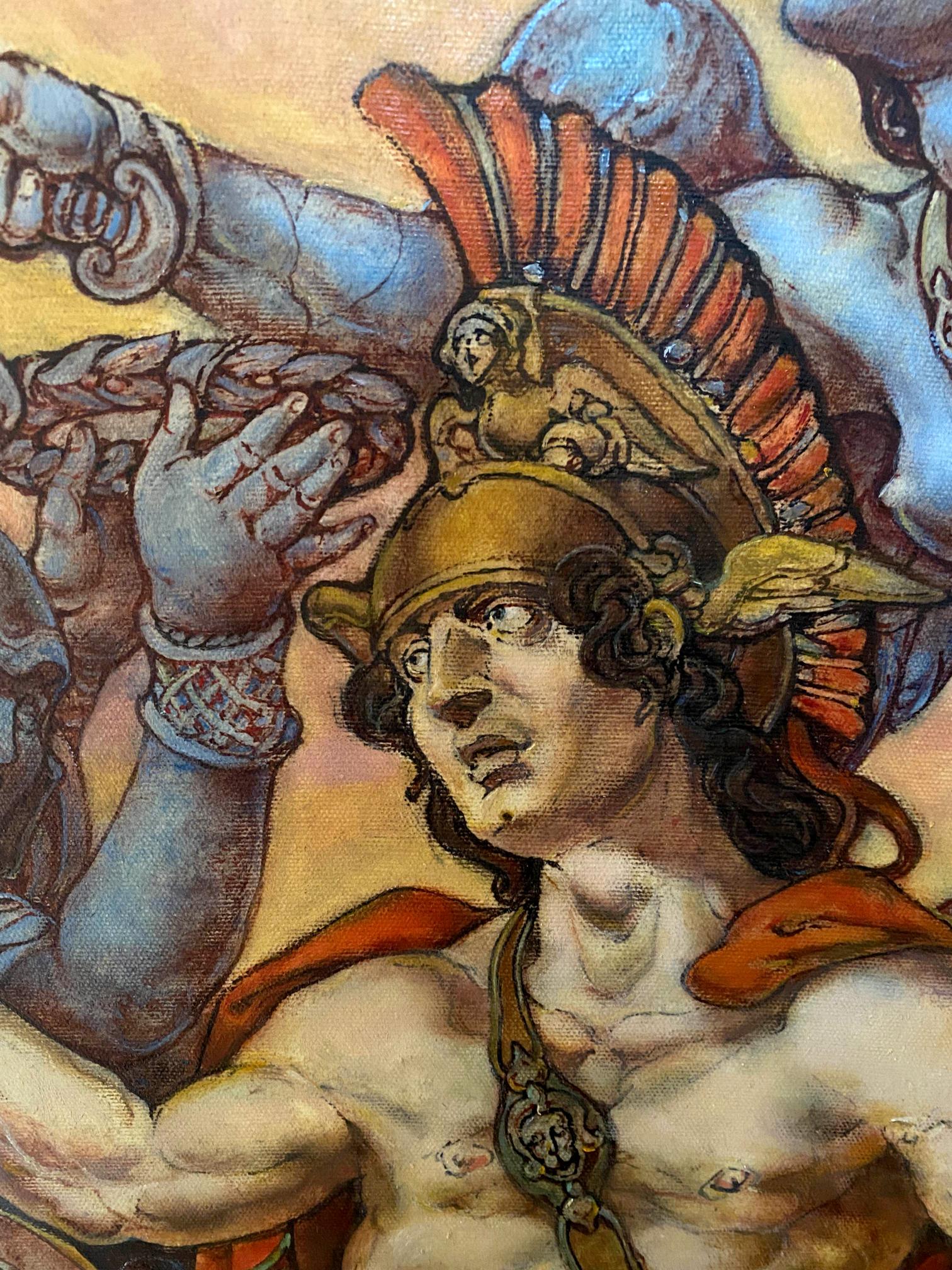 Oil painting of muscular warrior in golden armor, Troy before battle by Oleg Litvinov