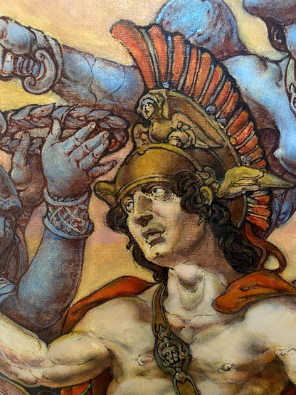 Oil painting of muscular warrior in golden armor, Troy before battle by Oleg Litvinov