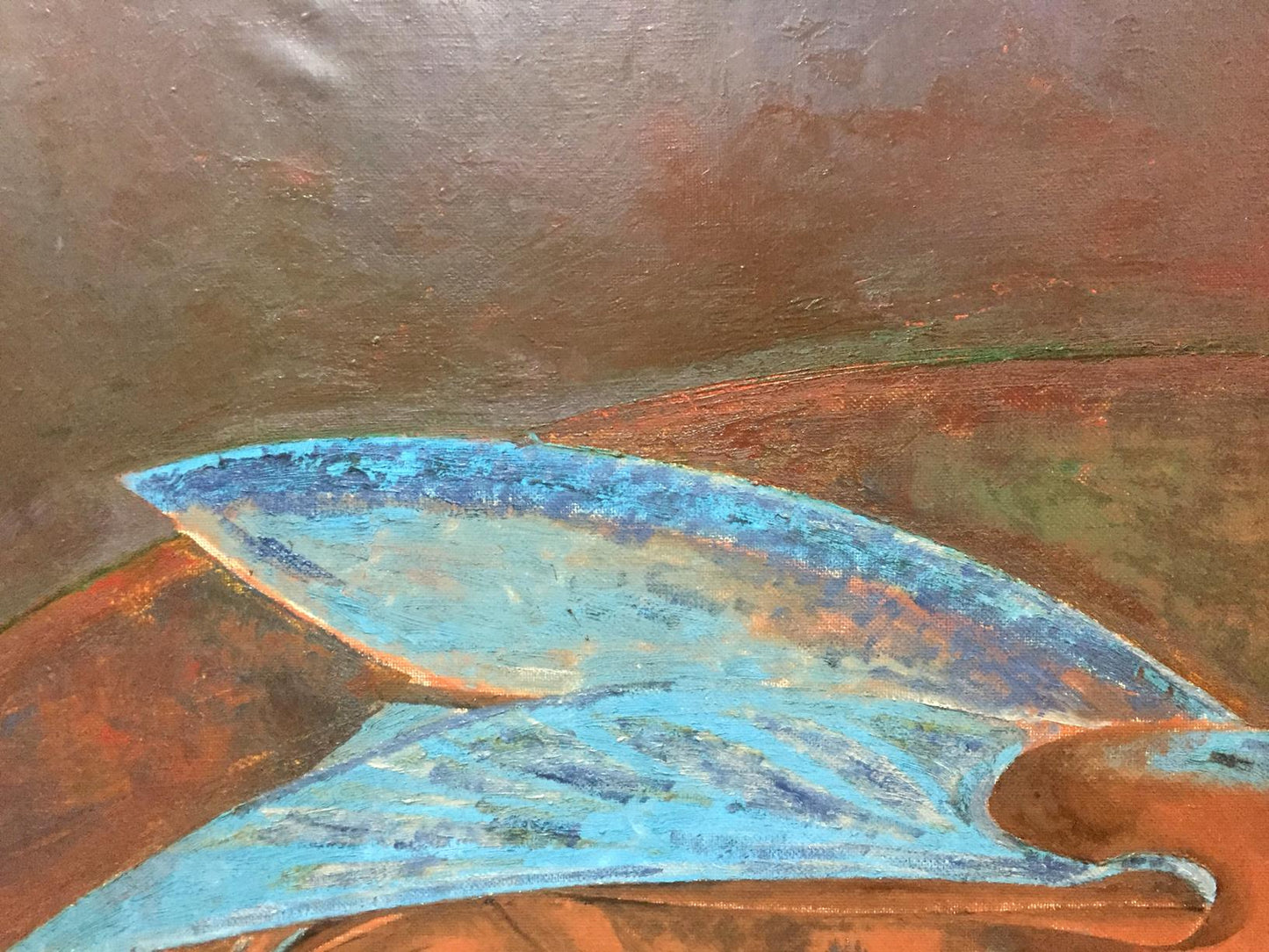 Oil painting Fly by Alexey Fedorovich Vlasov: turquoise fish on rust canvas