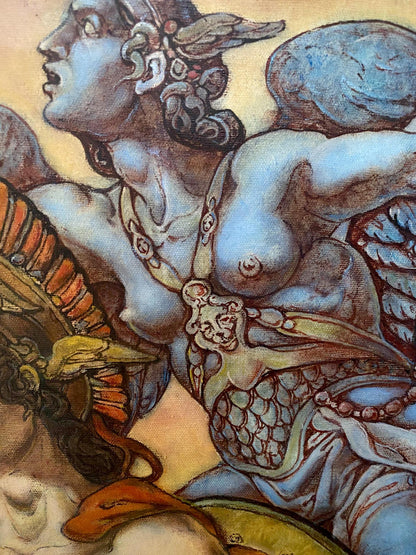Oil painting of blue-toned winged figure in Troy before battle by Oleg Litvinov