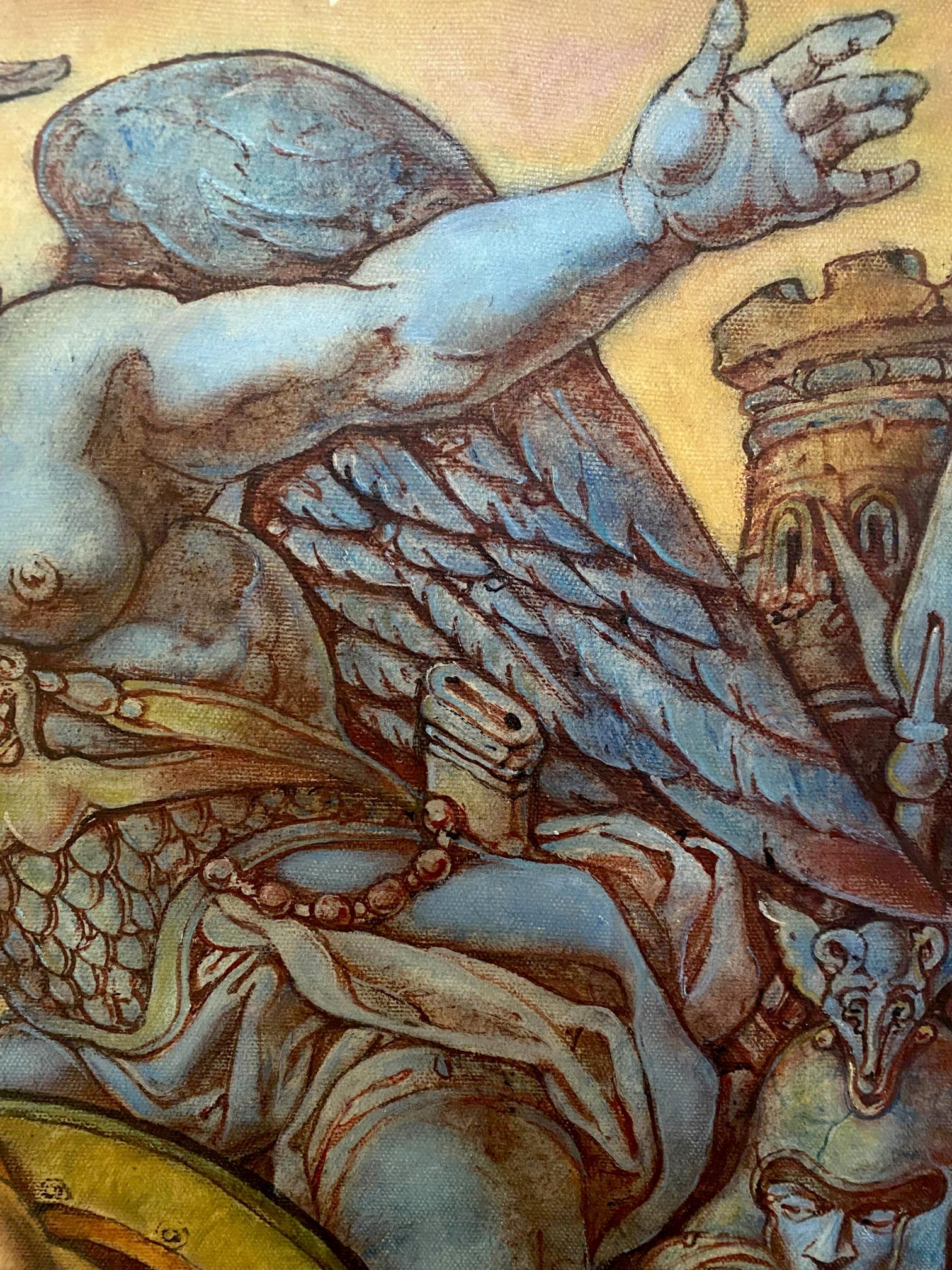 Blue-winged muscular figure in winged helmet and scale armor, Troy before battle oil painting by Oleg Litvinov