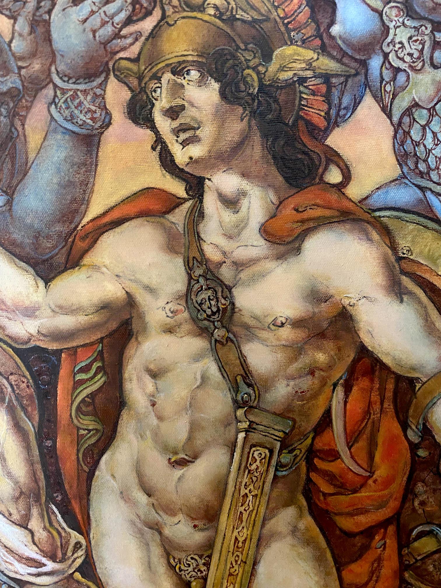 Muscular warrior in golden helmet and red cloak, Troy before battle oil painting by Oleg Litvinov