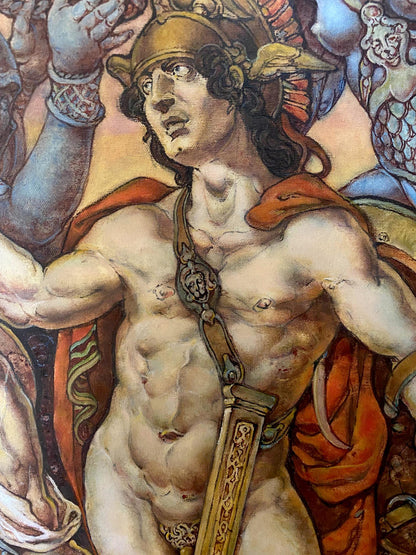 Muscular warrior in golden helmet and red cloak, Troy before battle oil painting by Oleg Litvinov