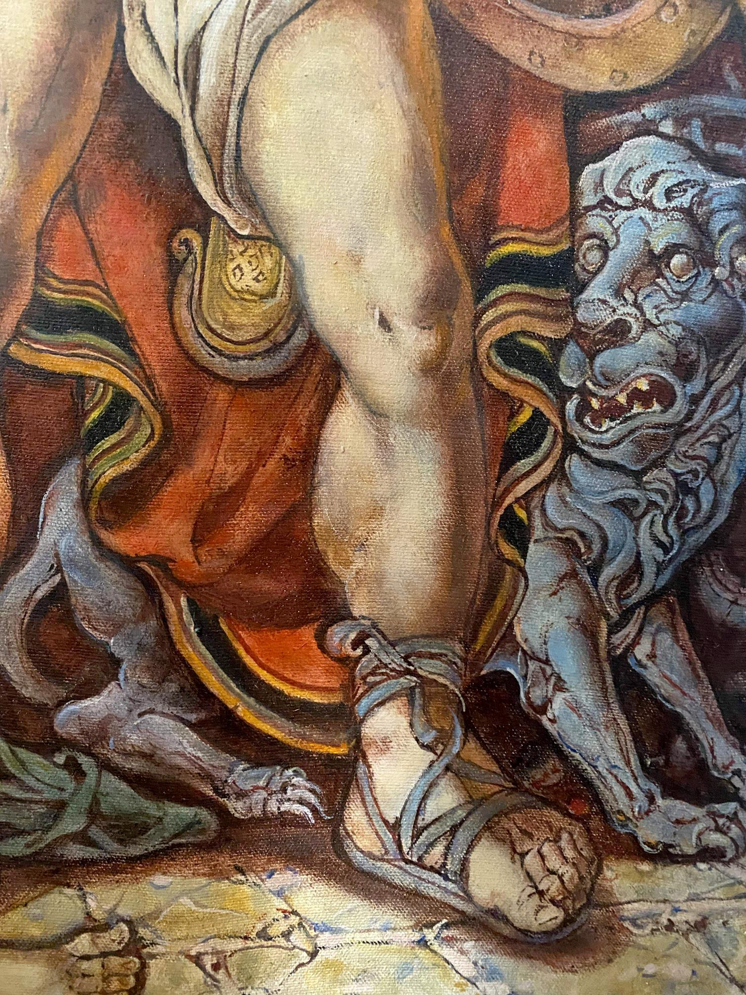 Detail from Oil painting Troy before battle by Oleg Litvinov: muscular leg in red gold drapery with golden buckle beside blue stone lion statue