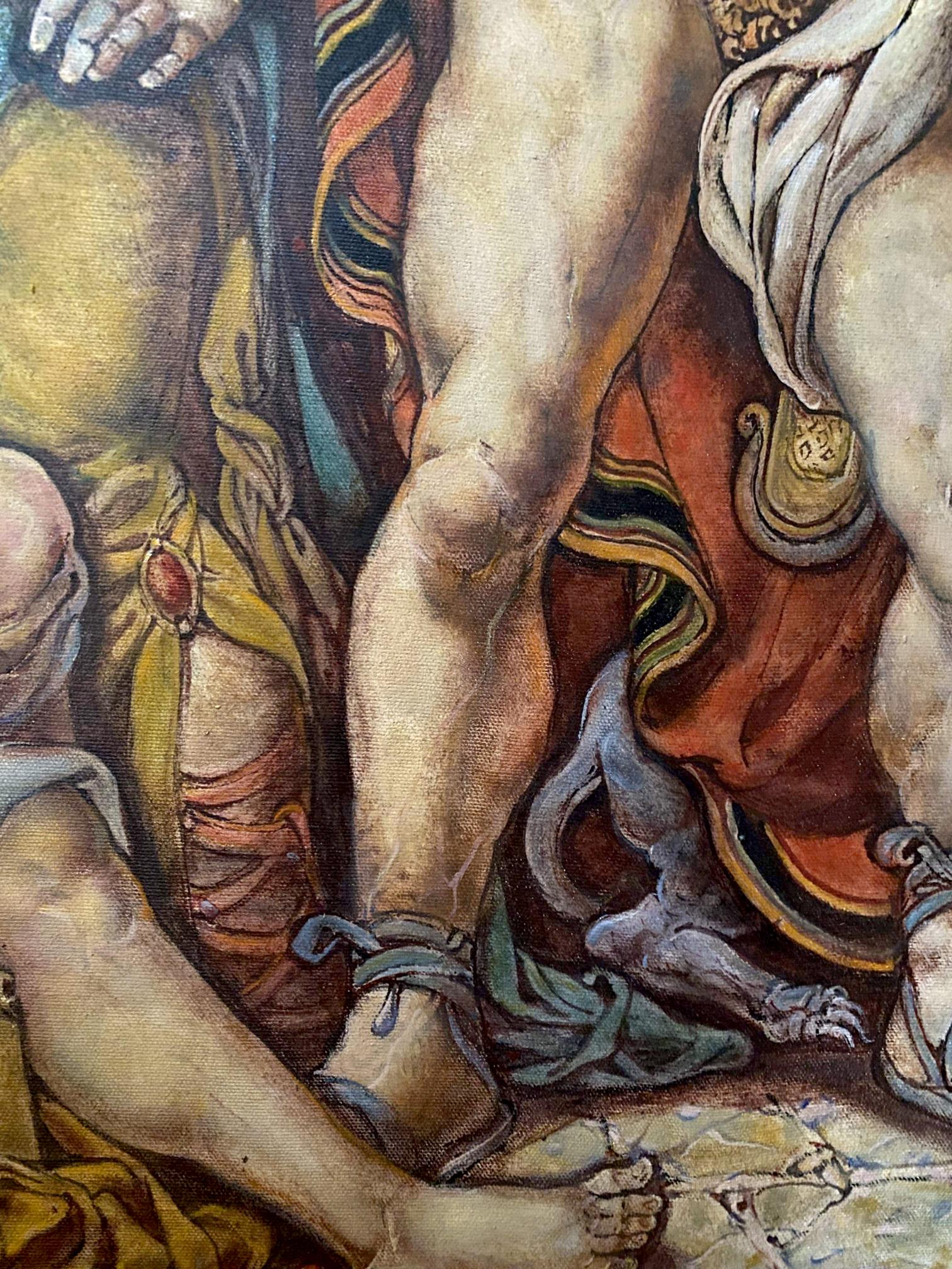 Detail from Oil painting Troy before leaving for battle by Oleg Litvinov: muscular leg in red gold fabric with ornate trim