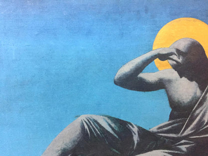Oil painting by Alexey Fedorovich Vlasov: bald figure in robes raises hand to face under yellow sun on blue background