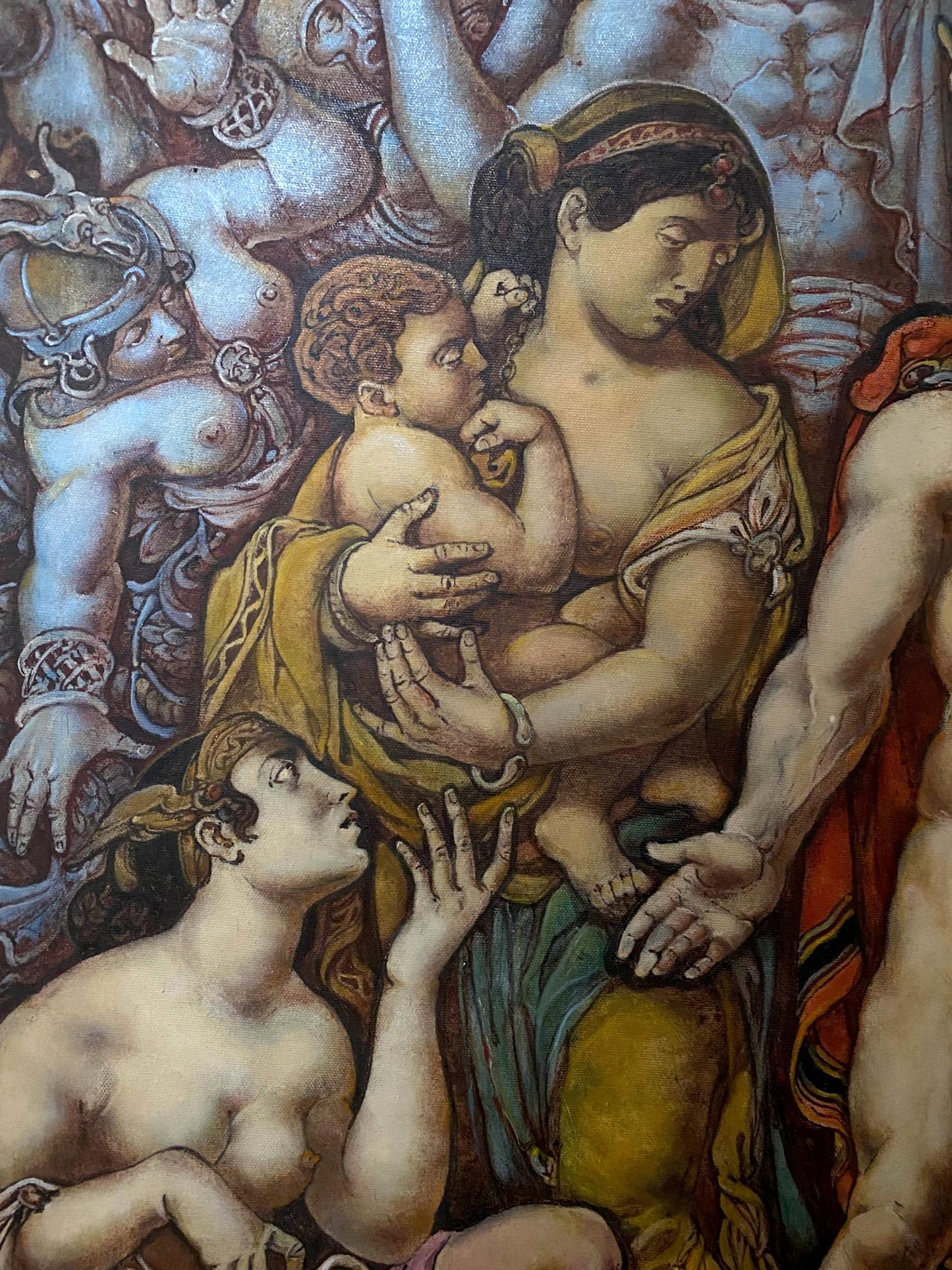 Oil painting of woman in yellow-green robes cradling child, Troy before battle by Oleg Litvinov