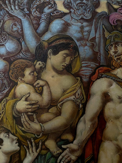 Oil painting of woman in yellow holding child, Troy before battle by Oleg Litvinov