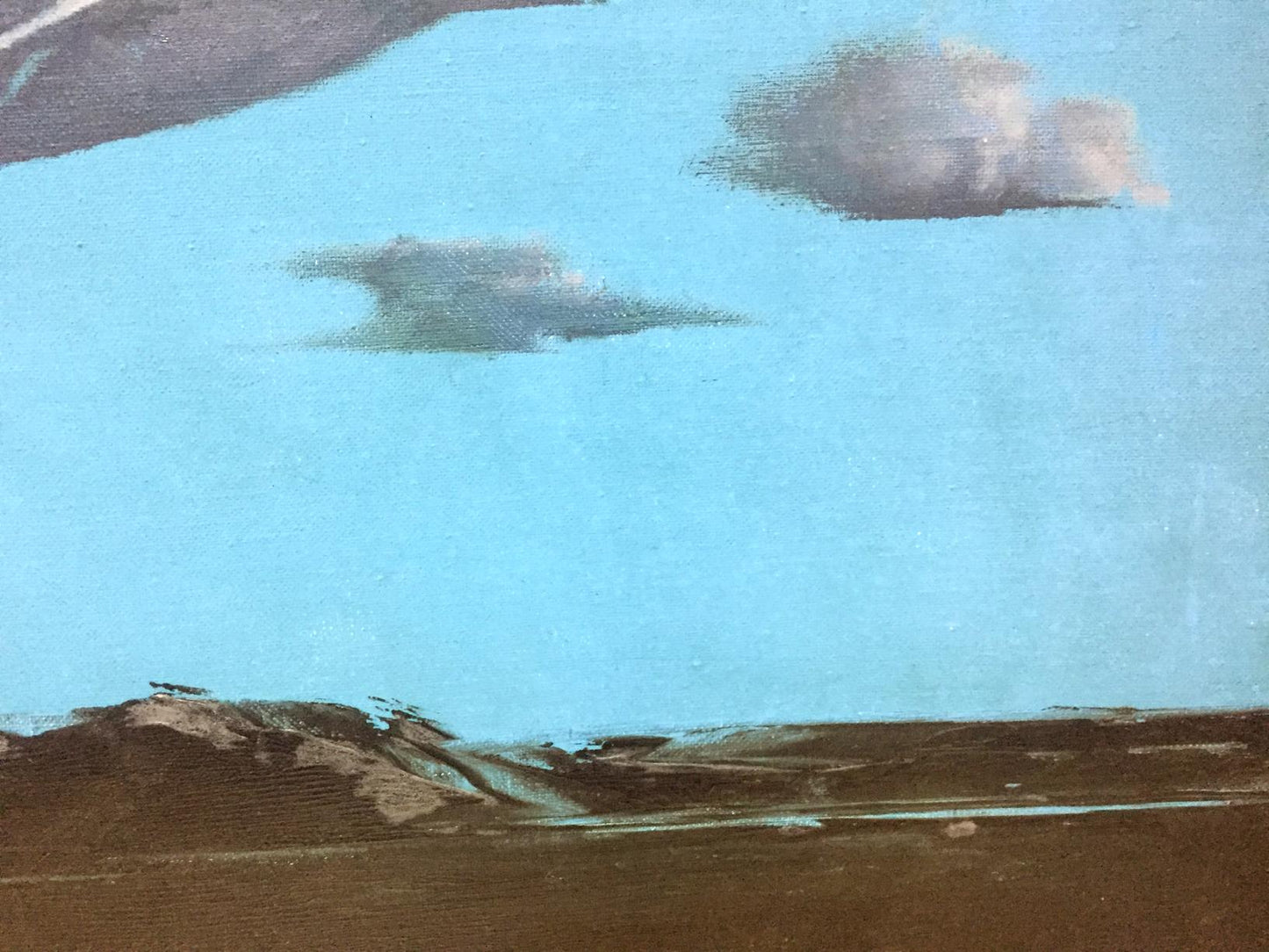Oil painting by Alexey Fedorovich Vlasov: gray clouds over turquoise sky, rugged landscape