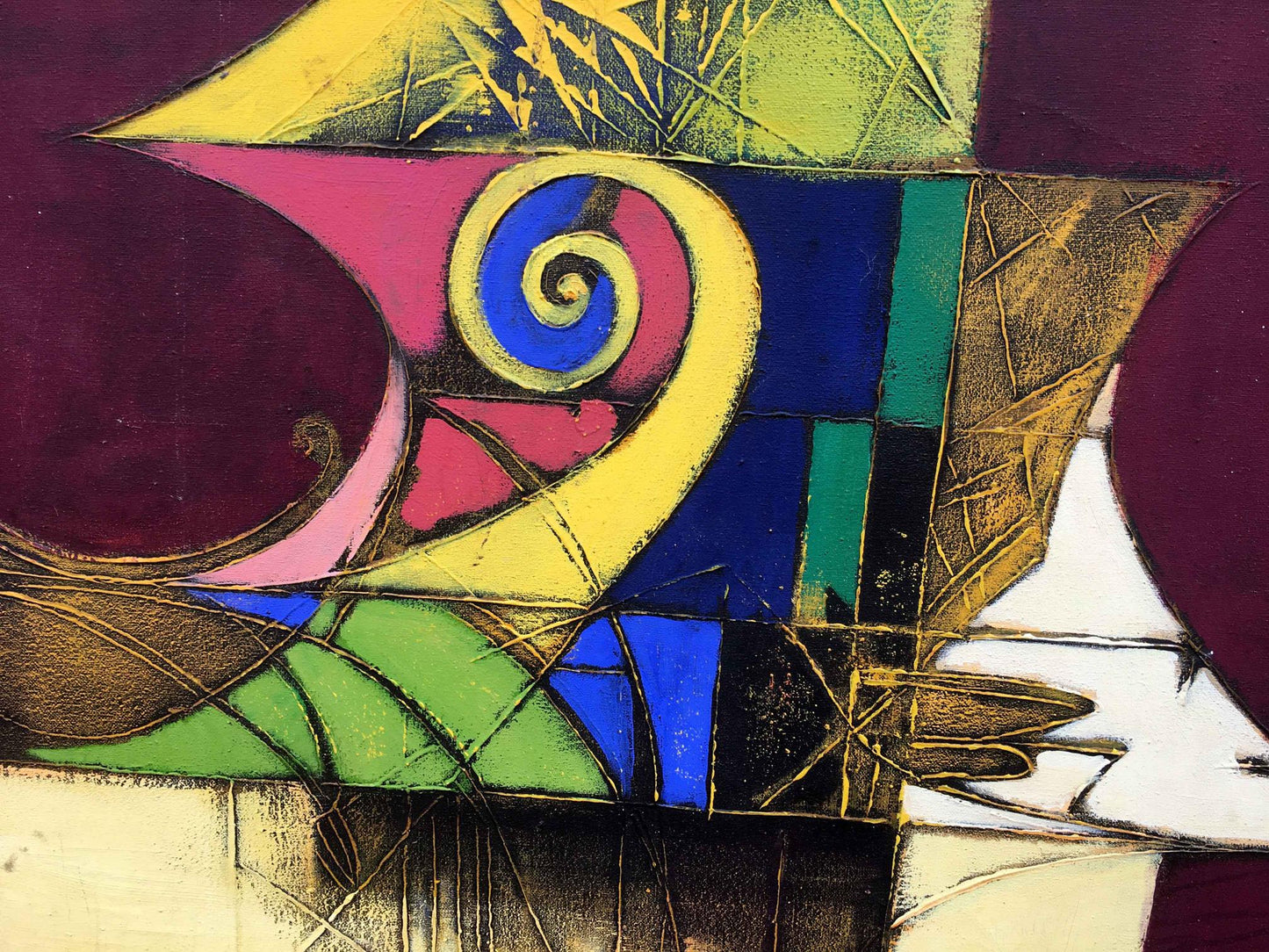 Oil painting Abstraction by Vasily Didyk: vibrant geometric shapes in yellow, blue, pink, green, gold