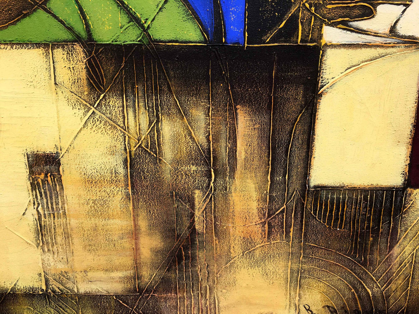 Oil painting Abstraction Vasily Didyk with bold green blue black gold geometric shapes