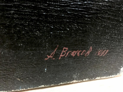Back of oil painting by Alexey Fedorovich Vlasov: black textured surface with red cursive a signature