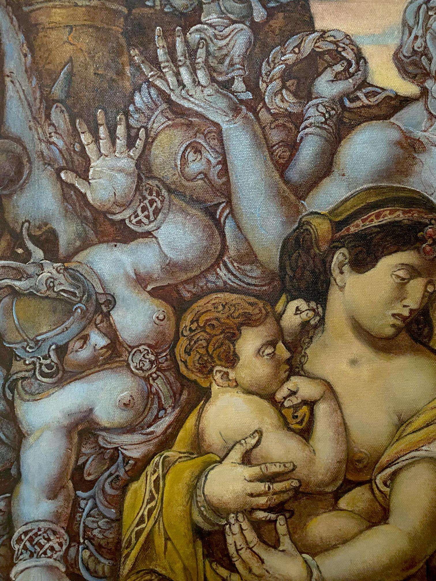 Oil painting of serene woman cradling infant in Troy before battle by Oleg Litvinov
