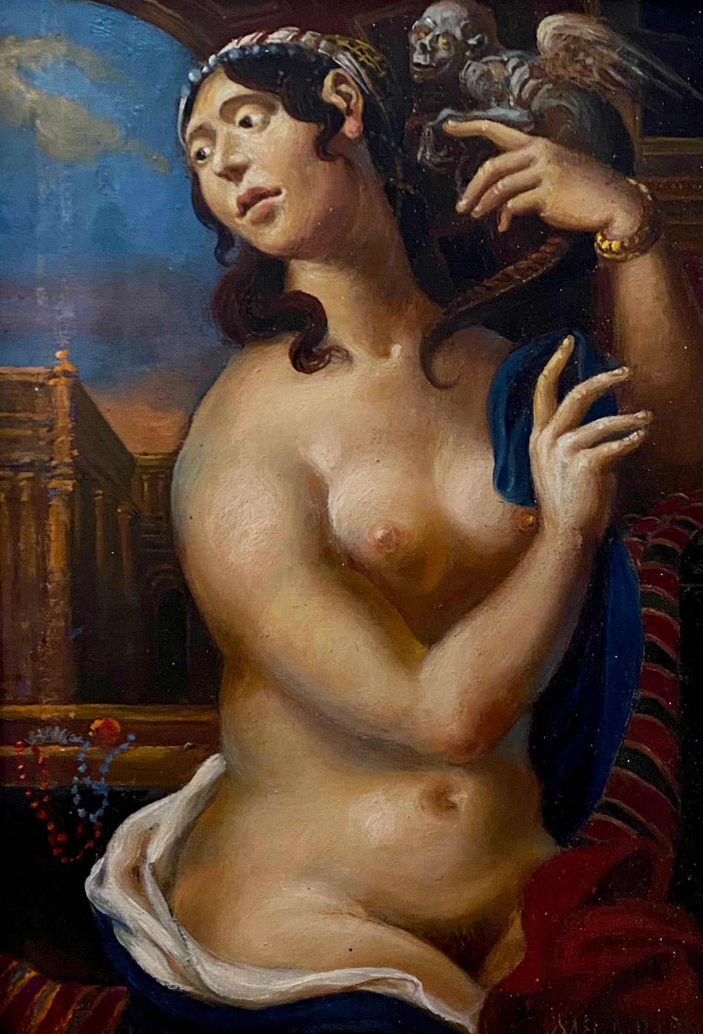 Classical oil painting by Oleg Arkadyevich Margarita Litvinov of nude woman with dark hair in ornate headpiece holding bird